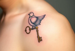A collared dove perched on a vintage key, with the dove in soft browns and whites, and the key in antique gold, symbolizing love, protection, and freedom tattoo idea