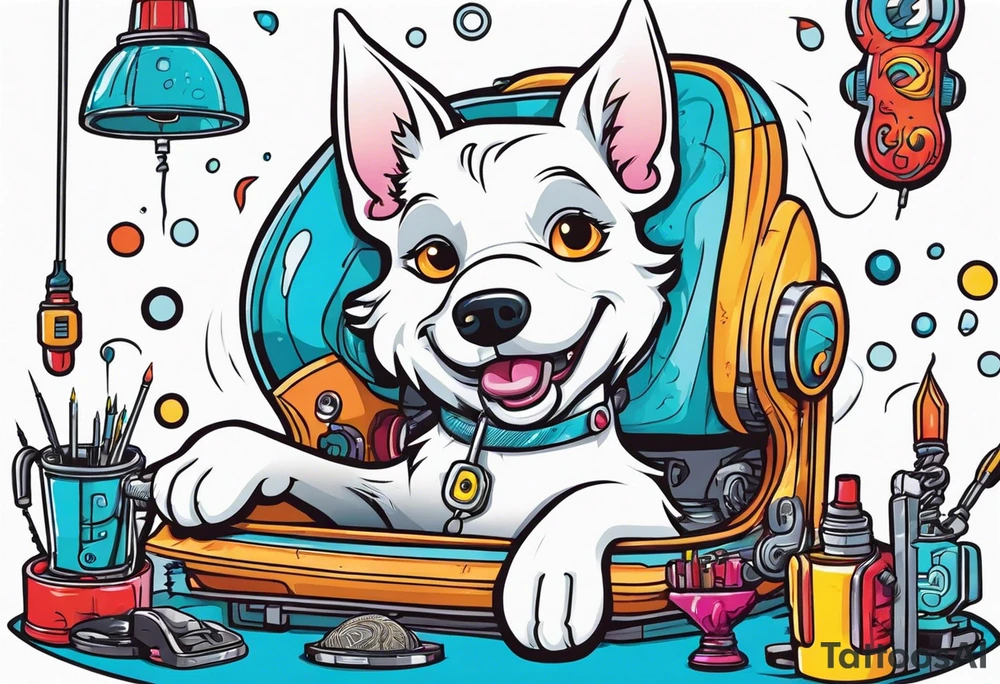 White dog fixing mechanical brain with screwdriver tattoo idea