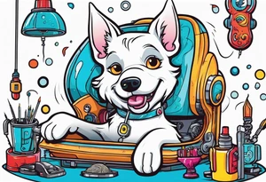 White dog fixing mechanical brain with screwdriver tattoo idea