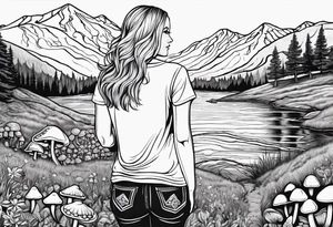 Straight long blonde hair hippie girl in distance holding mushrooms in hand facing away toward mountains and creek surrounded by mushrooms tee shirt hiking pants

Circular picture tattoo idea