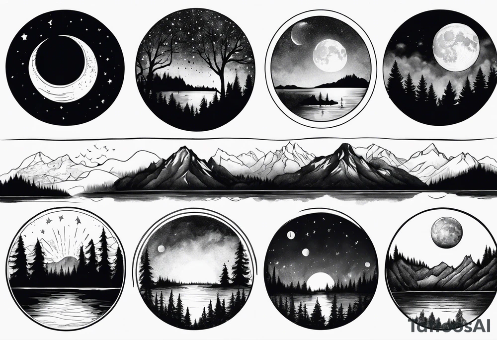 Picture of the moon phases in the sky, trees, lake, mountains and night sky in a circle with paint dripping tattoo idea
