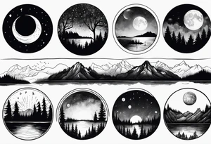 Picture of the moon phases in the sky, trees, lake, mountains and night sky in a circle with paint dripping tattoo idea