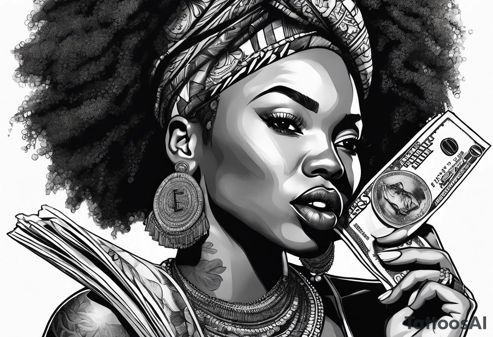 african woman biting money tattoo idea