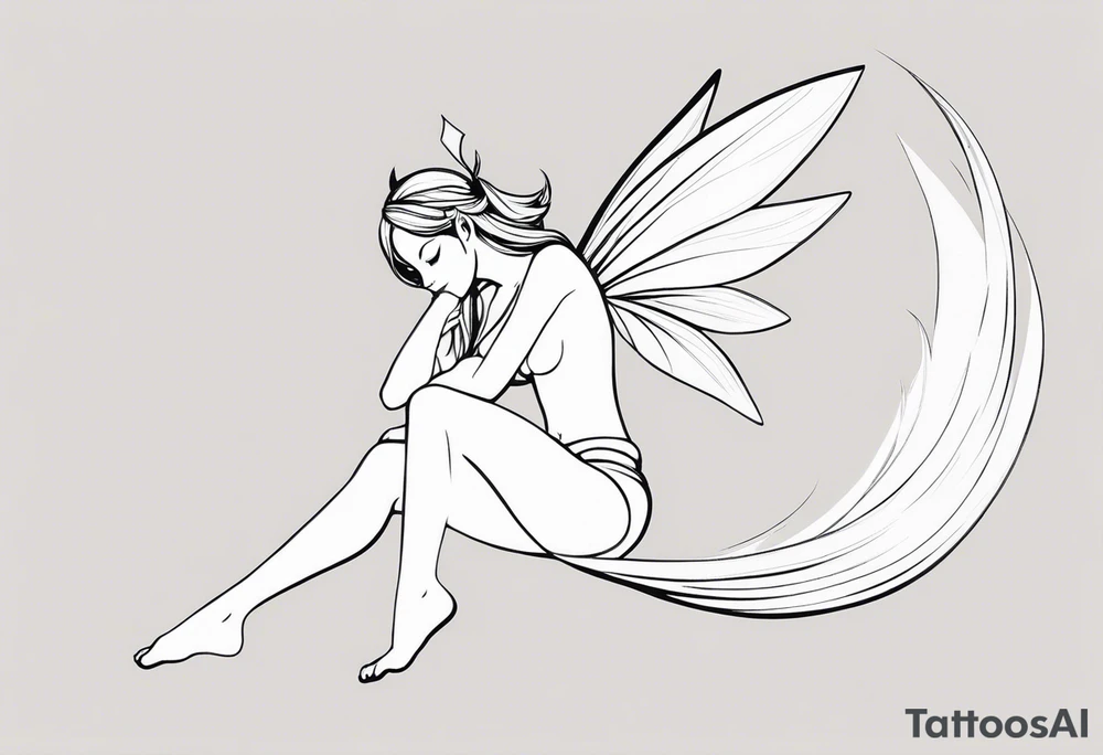 Minimalistic, monochromatic fairy with a tail flying to the left in a fetal position, leaning and looking in the same direction, with visible hands, embodying the 'Fairy Tail' logo aesthetic. tattoo idea