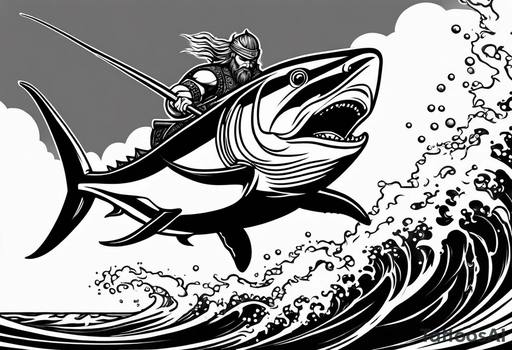 viking superhero catching a blue marlin with tuna jumping tattoo idea