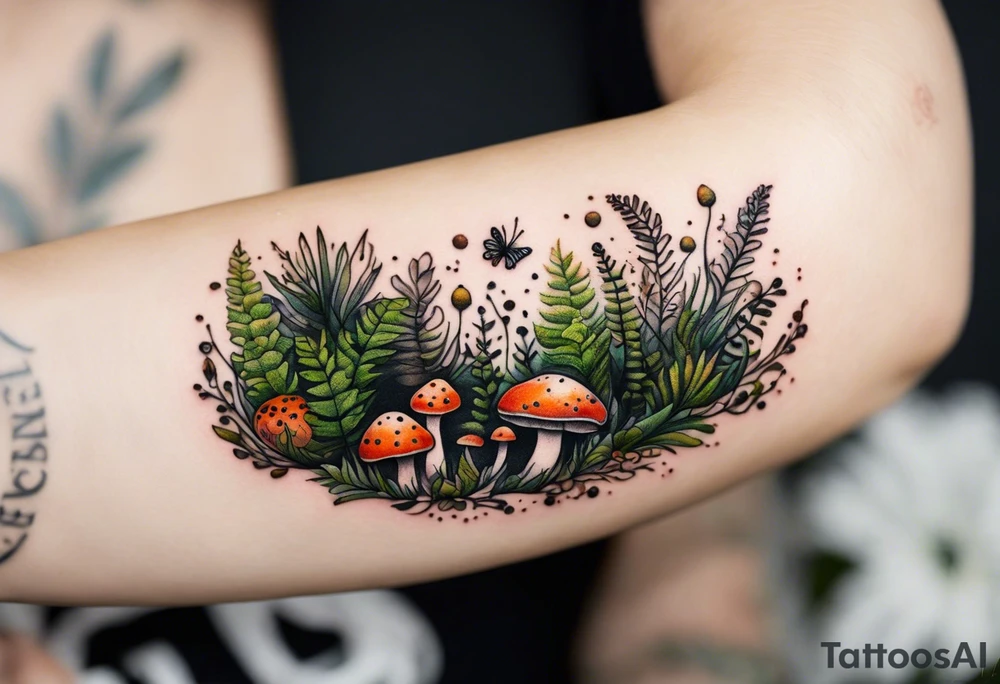 minimalistic forest floor inspired tattoo, which includes grass, moss, curly ferns and dead leaves as the bulk of the tattoo. details to include: forest berries, couple of very small brown mushrooms, a tiny bumblebee flying nearby tattoo idea