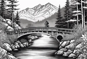 Gravel bike, going down mountain in-between trees, over a bridge with a river and some birds in the background tattoo idea