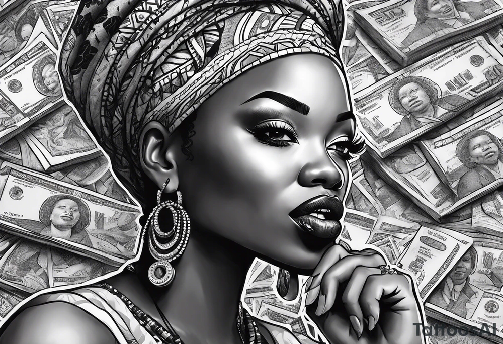 african woman biting money tattoo idea