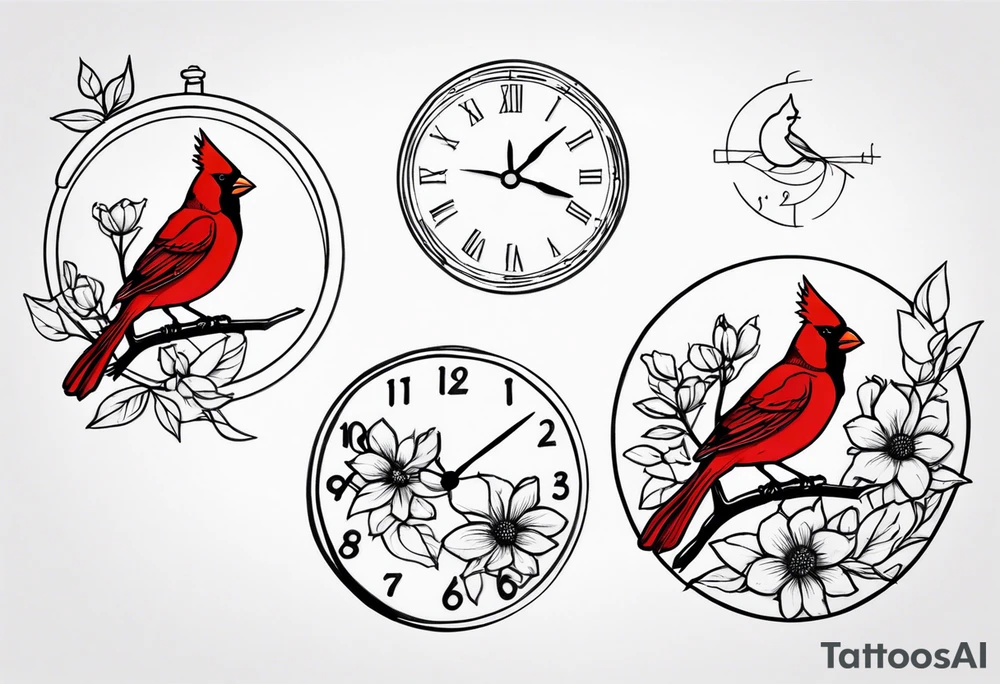 Trees, flowers, clock, red cardinal, representing growth from grief tattoo idea