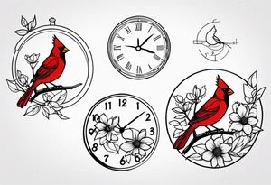 Trees, flowers, clock, red cardinal, representing growth from grief tattoo idea