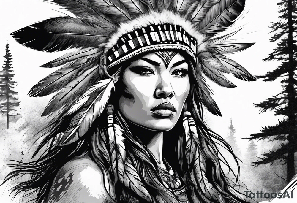 Powerful storm raging through forest. Alpha wolf snaraling. Beautiful native American women in head dress tattoo idea