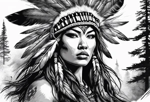 Powerful storm raging through forest. Alpha wolf snaraling. Beautiful native American women in head dress tattoo idea