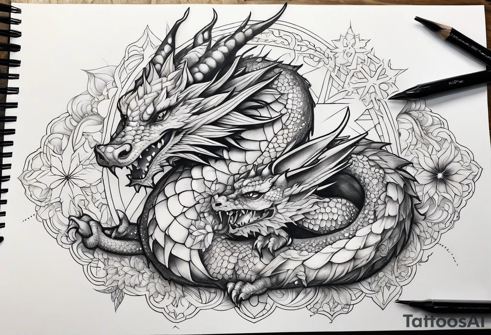 dragon cute , celestial, cross, snowflake tattoo idea