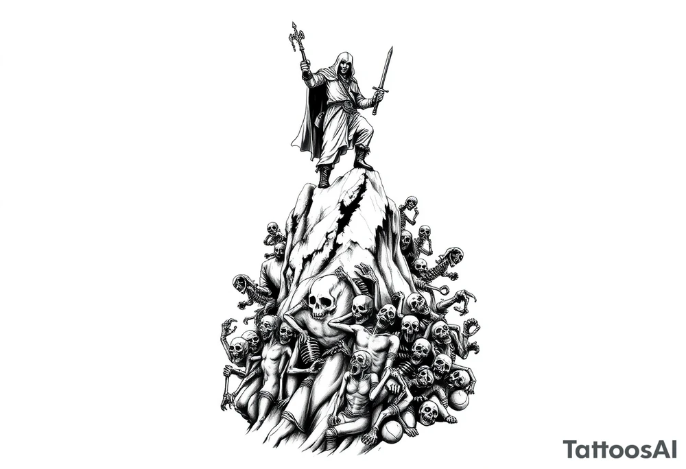 Necromancer on a mountain top, raising zombies and skeletons from the dead below. The zombies and skeletons are climbing up to him,  piling up to climb the mountain tattoo idea