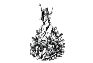 Necromancer on a mountain top, raising zombies and skeletons from the dead below. The zombies and skeletons are climbing up to him,  piling up to climb the mountain tattoo idea