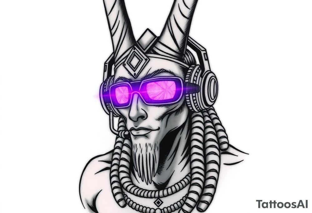 "Anubis with streamer headset, broadcasting to:  
- Left eye: Twitch chat ('F in chat for humanity')  
- Right eye: Дзен-просветление (ASCII-арт мандалы)  
Title: *'Unboxing your afterlife (4K 60fps)'*.  

Style: Digital trash art. Purple/black. Thigh." tattoo idea