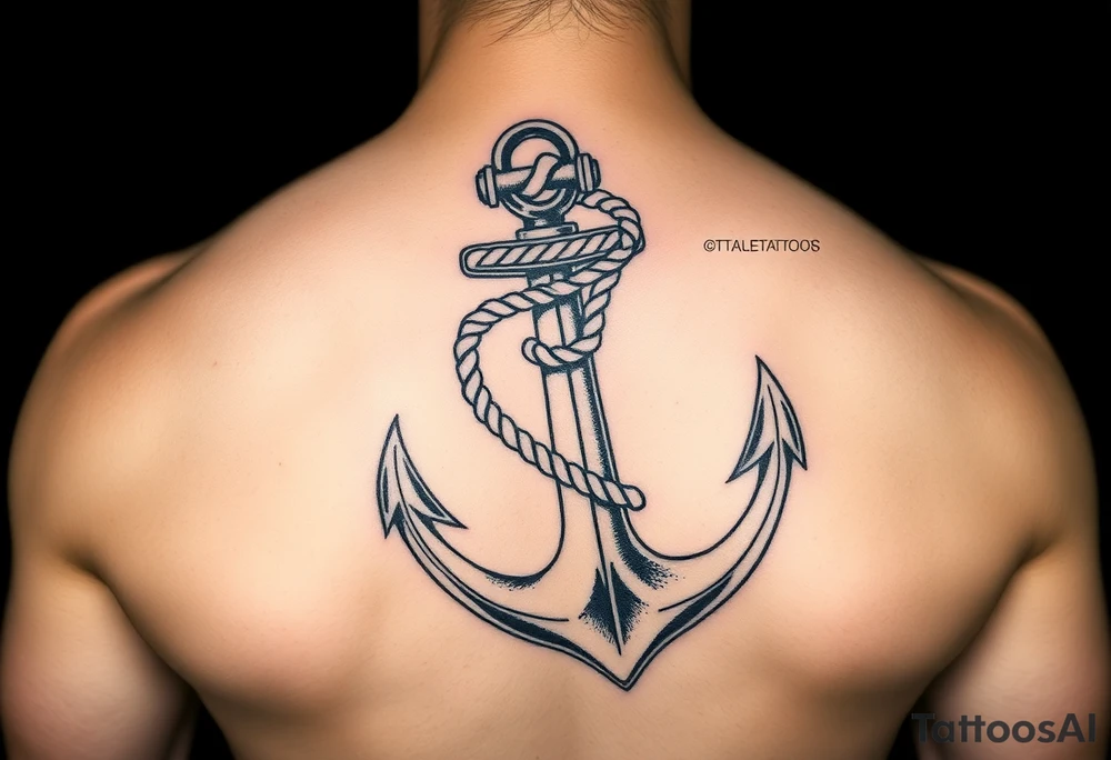 weathered anchor wrapped in nautical rope with sea waves tattoo idea