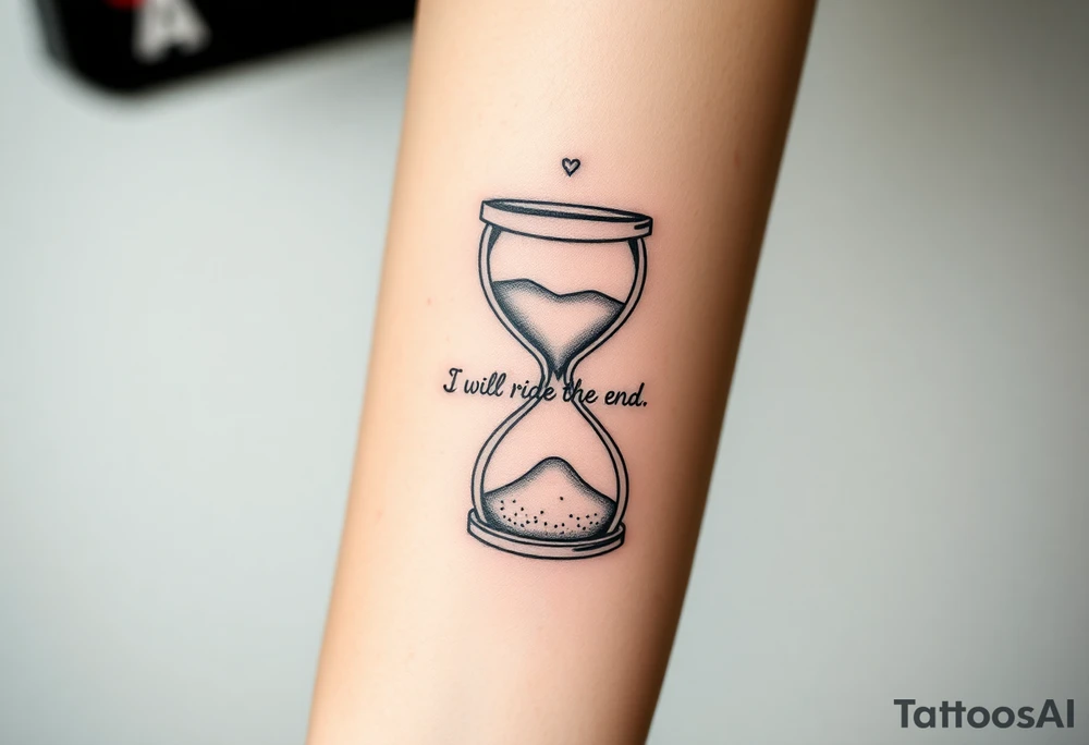 Broken hourglass was the sand transforming the hearts with the phrase.I will ride to the end tattoo idea