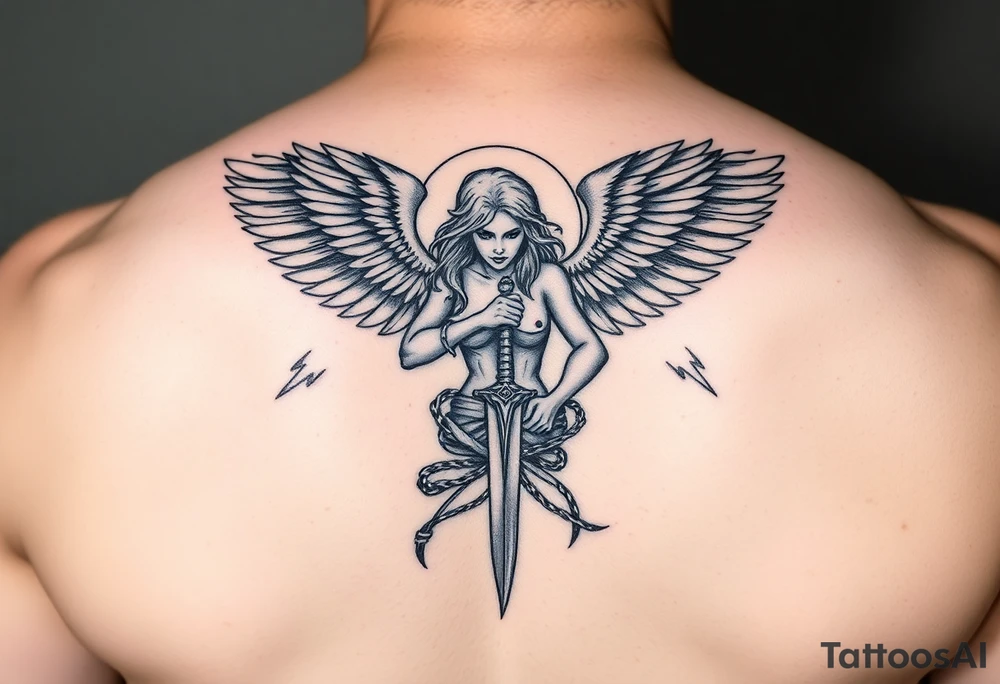 Fierce Female Angel warrior with dagger and lighting bolts going around body Greek mythology style with dark shading tattoo idea