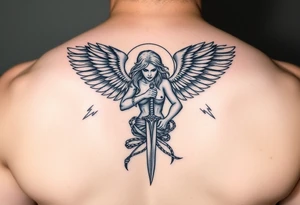 Fierce Female Angel warrior with dagger and lighting bolts going around body Greek mythology style with dark shading tattoo idea