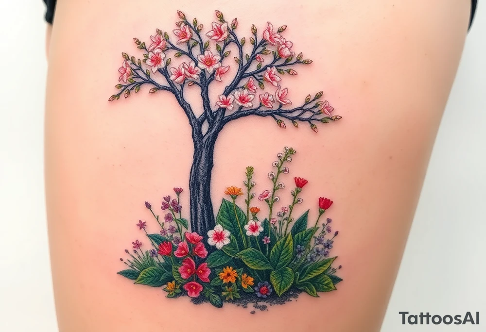 Lilly of the vally plants underneath a blooming hawthorn tree with other colorful plants on ground tattoo idea