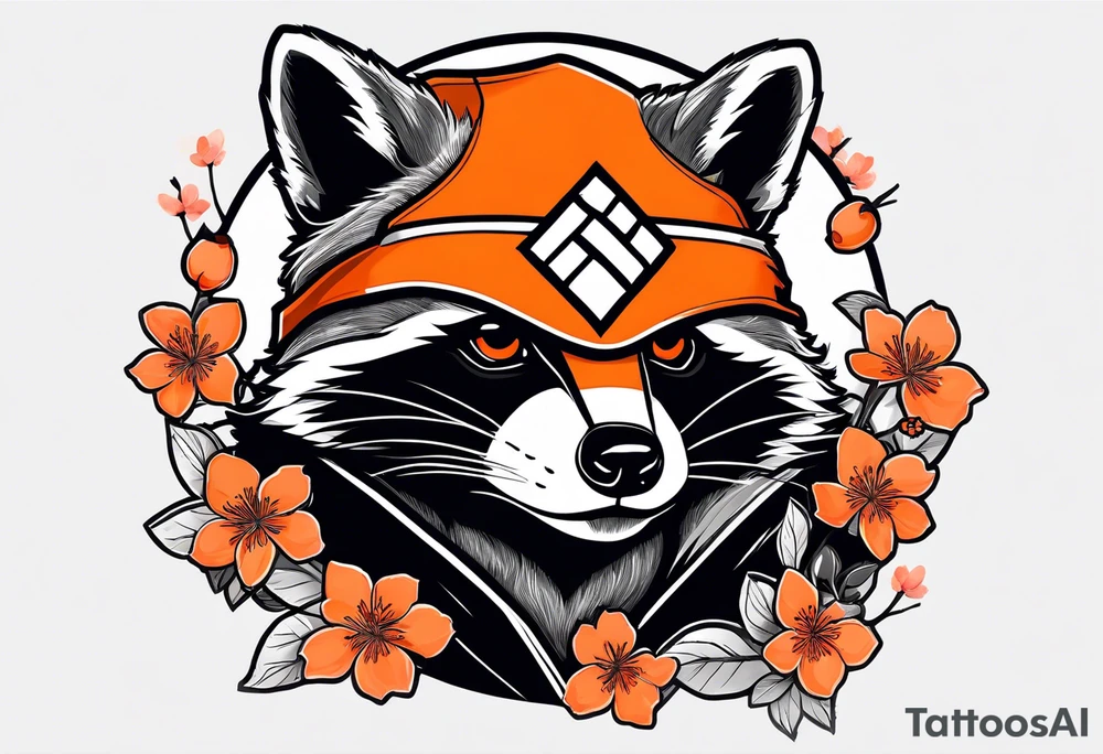 Raccoon wearing a white Superman logo on a black hoodie and orange Japanese cherry blossoms beside tattoo idea