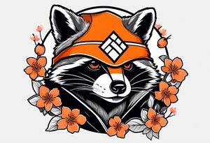 Raccoon wearing a white Superman logo on a black hoodie and orange Japanese cherry blossoms beside tattoo idea