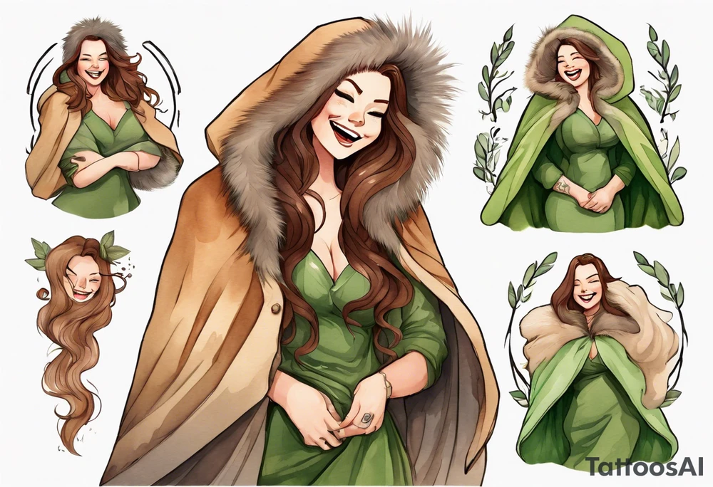 a curvy tan woman with long brown hair  and green eyes wearing a fur cloak laughing tattoo idea