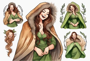 a curvy tan woman with long brown hair  and green eyes wearing a fur cloak laughing tattoo idea