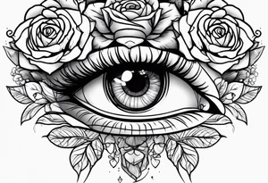 eye with roses around tattoo idea