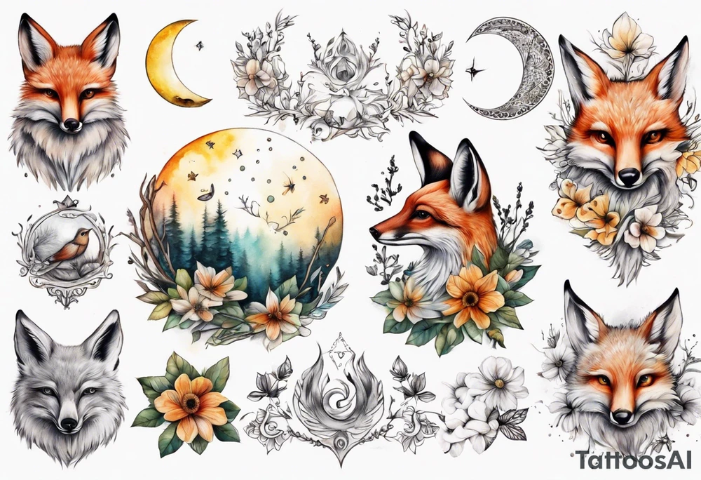 wasser sonne und mond fuchs eule kolibri wald hirsch blume des lebens tattoo idea
