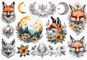 wasser sonne und mond fuchs eule kolibri wald hirsch blume des lebens tattoo idea