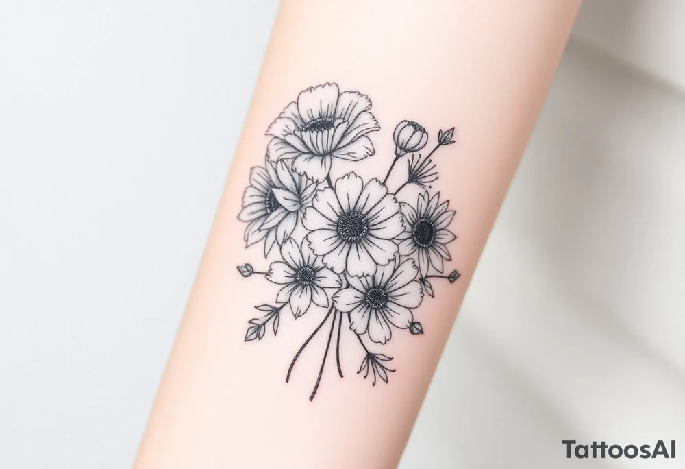 Bouquet of carnation, honeysuckle, poppy, aster and cosmos tattoo idea