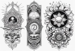 spiritual neck sleeve with stairway to heaven with clouds and rays, cosmo, iris, daisy flower and om symbol on throat tattoo idea