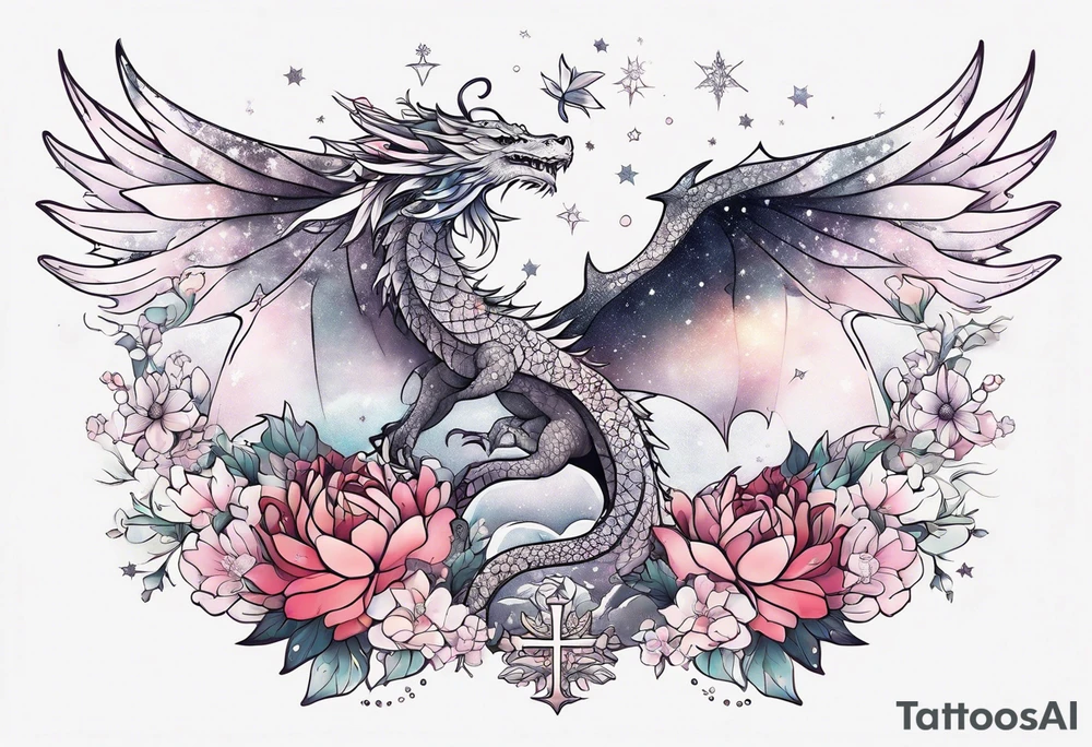 Constellation, wing , snow , cross , dragon female japan kawaii , flower tattoo idea