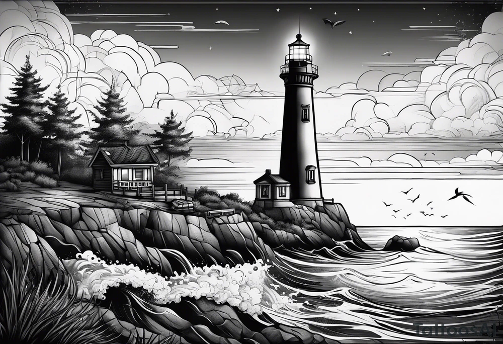 tattoo design of a serene seascape, with a lighthouse in the distance, guiding ships through the night tattoo idea
