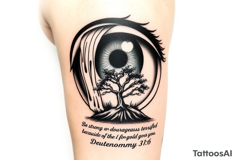 Realistic Eyeball with waterfall flowing out of it and under have a tree and under that have the verse Be strong and courageous. Do not be afraid or terrified
because of them, for the Lord your God goes with you; he will never leave you nor forsake you." Deuteronomy 31:6 tattoo idea
