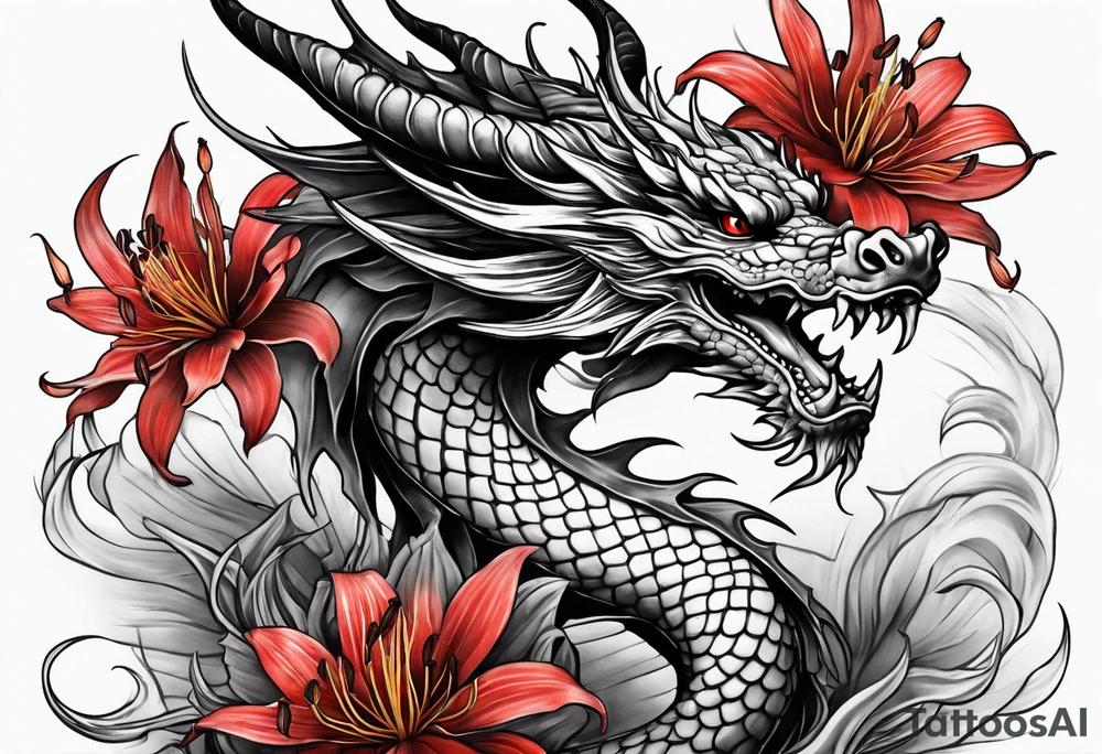 full Dragon with red Spider lilies surrounding it tattoo idea