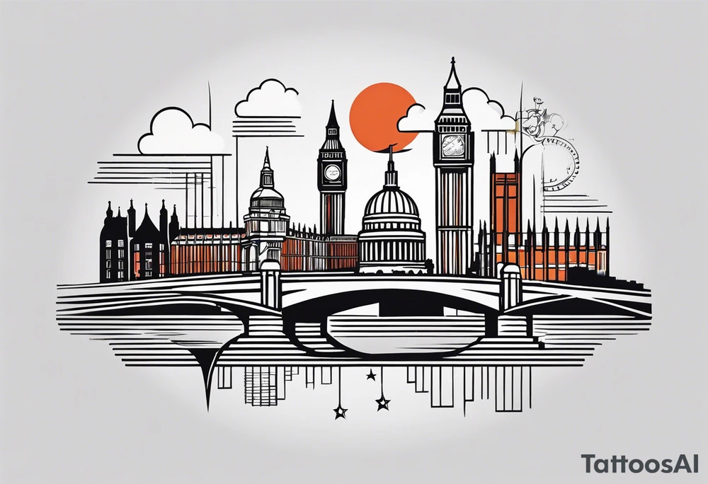 A minimalistic, abstract design capturing the architectural essence and vibe of London. Key elements of London’s skyline and structure are hinted at with clean lines, and subtle detailing includes personal touches, like a nod to Feid’s signature look (hat, glasses, mustache), integrated discreetly to honor a memorable concert experience. The tattoo combines the city’s character with personal symbolism. tattoo idea