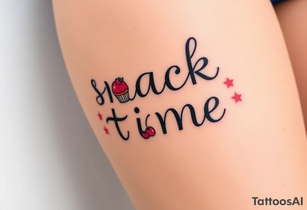 Pretty letters with lots of swooshes saying snack time with cupcakes, cherries and stars tattoo idea