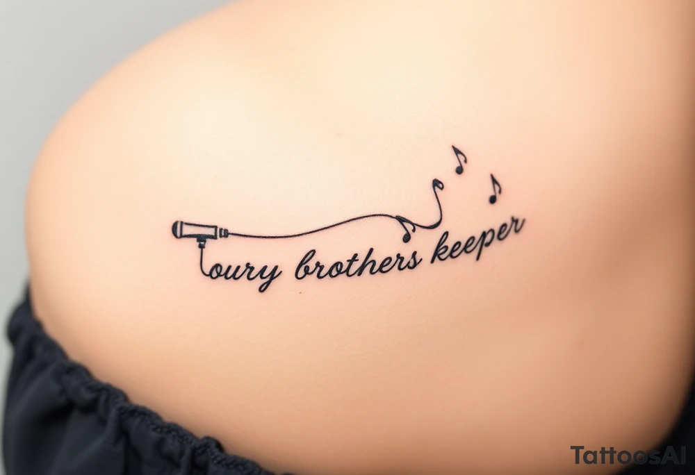 A microphone end of cord drawing the words “My brothers keeper” and music notes tattoo idea