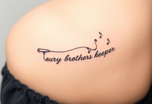 A microphone end of cord drawing the words “My brothers keeper” and music notes tattoo idea