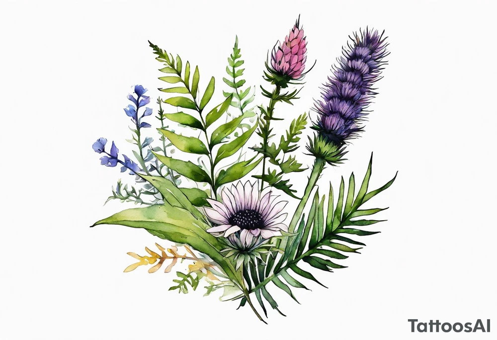 small vertical mixed wildflower bouquet with ferns, thistle and with watercolor tattoo idea