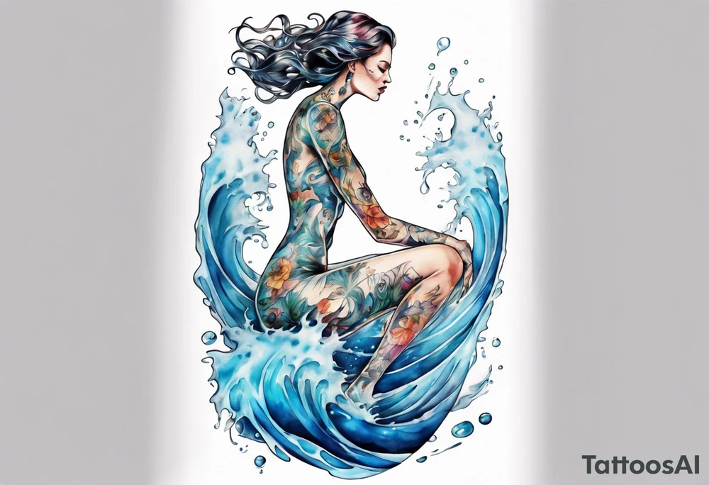 a tall transparent woman made of glass covered with water, sitting upon a wave tattoo idea
