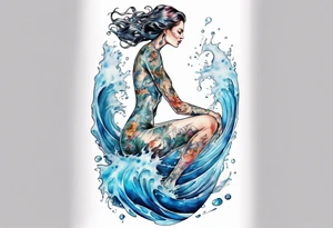 a tall transparent woman made of glass covered with water, sitting upon a wave tattoo idea