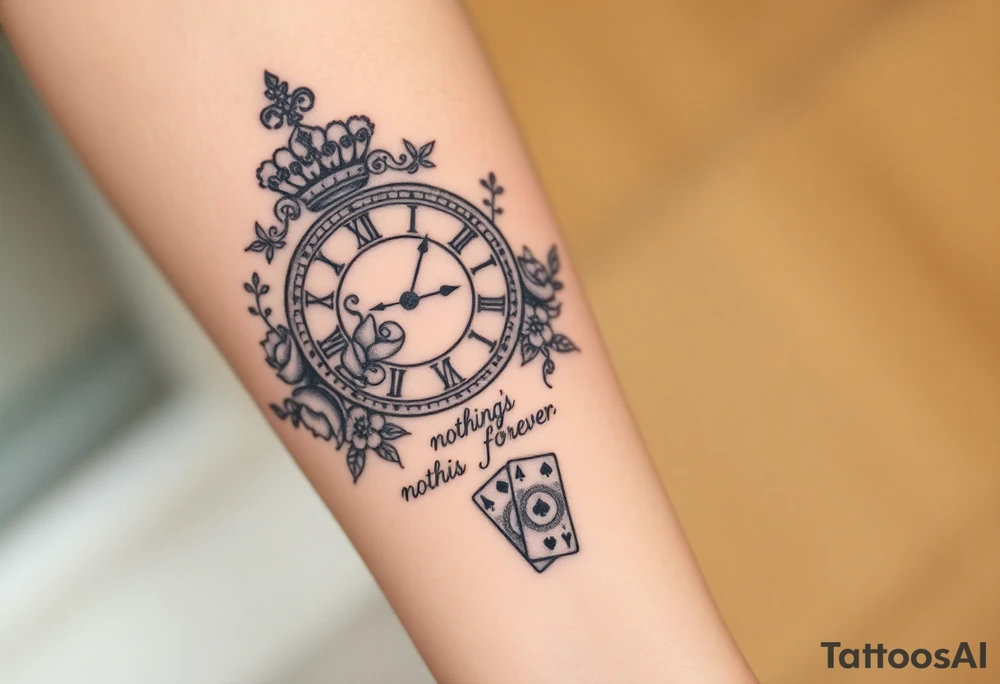 Roman clock with roses and a crown,  a quote that says nothings forever. and on the bottom a deck of cards tattoo idea