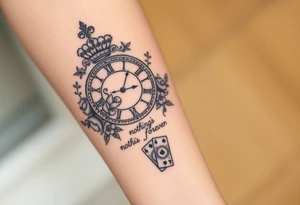 Roman clock with roses and a crown,  a quote that says nothings forever. and on the bottom a deck of cards tattoo idea