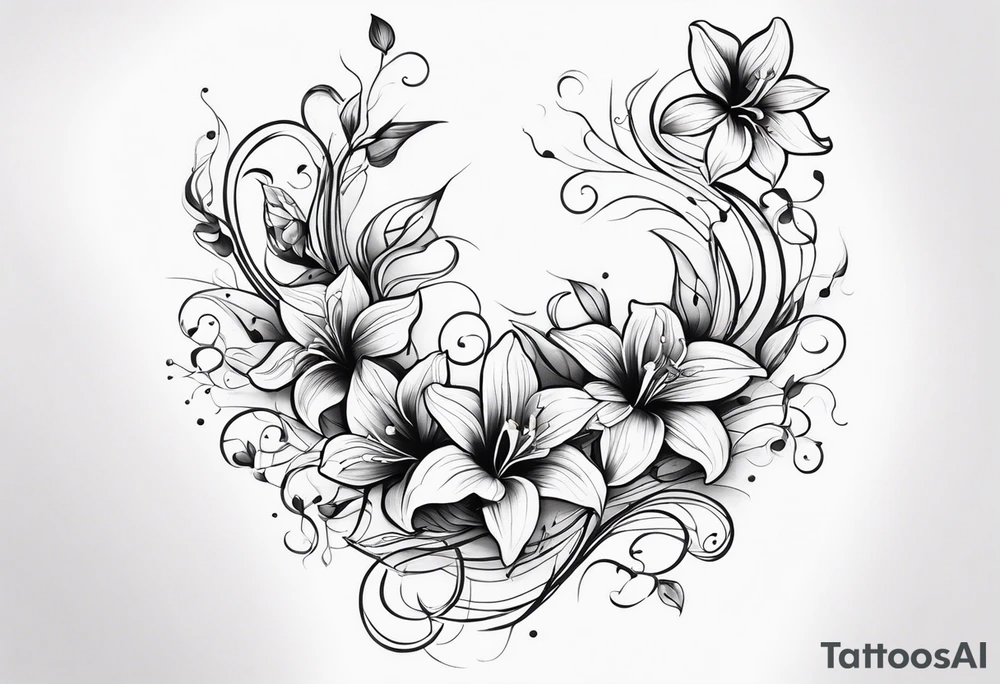 Flower and vine tattoo on upper left back climbing over the shoulder and towards the chest. Flowers should be Lilys, orchids, and dandelions. More empty space. More minimalist tattoo idea