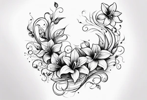 Flower and vine tattoo on upper left back climbing over the shoulder and towards the chest. Flowers should be Lilys, orchids, and dandelions. More empty space. More minimalist tattoo idea