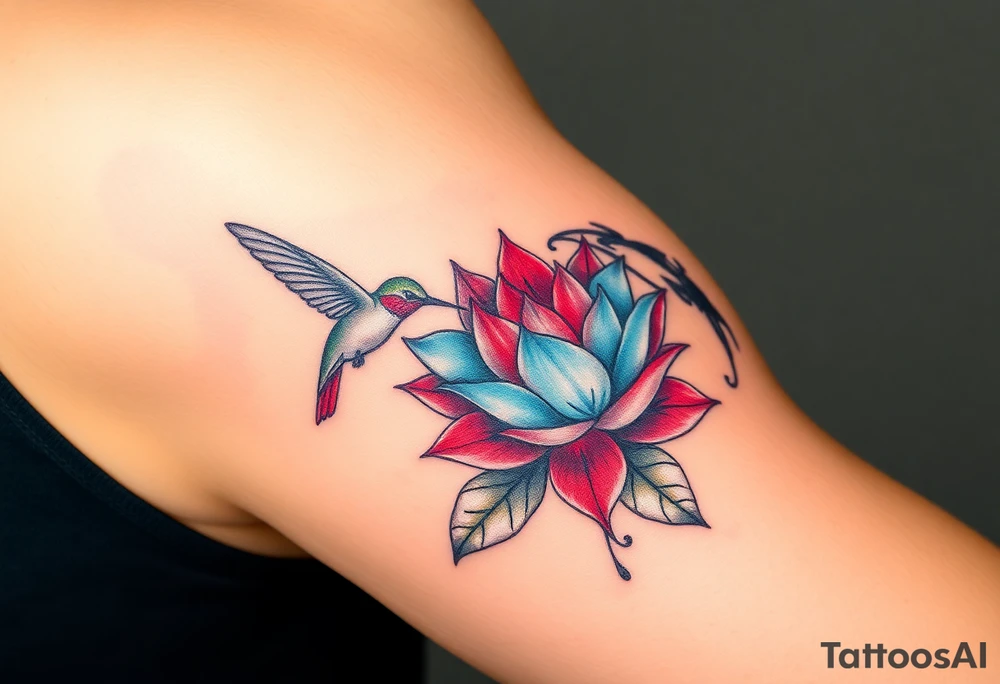 A pair of hummingbirds circling a blooming lotus (only red , blue and black are possible colors) tattoo idea